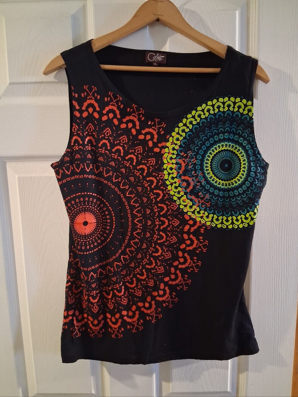 Coline Black Sleeveless Tank with Coral and Lime Mandala Prints